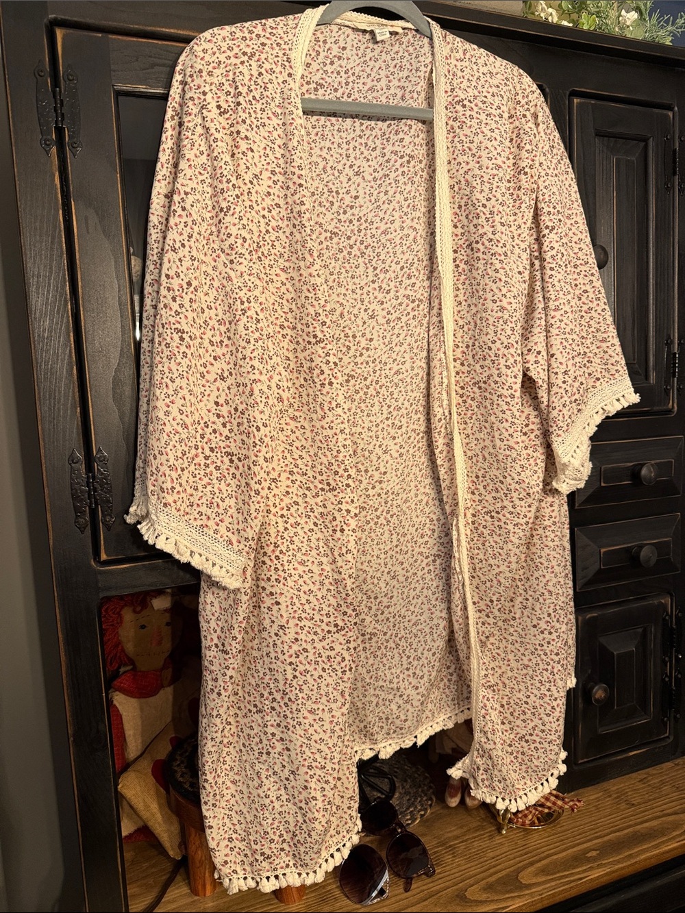 Umgee Cream Floral Open-Front Kimono with Tassel Trim